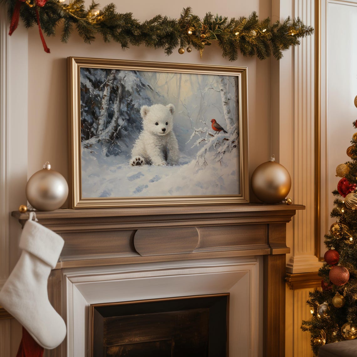 Cute Polar Bear Cub Snowy Forest Red Bird Winter Nursery Poster - Image 2
