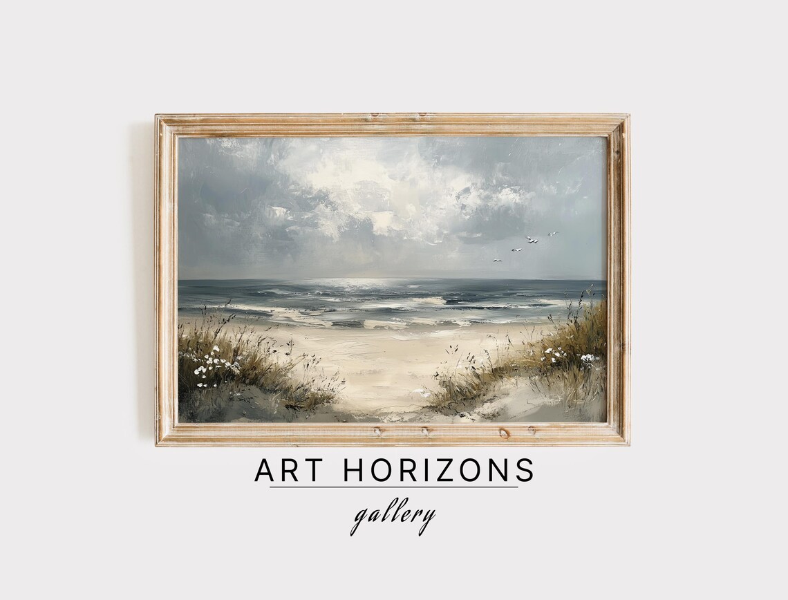 Serene Beach Dunes Seascape With Wildflowers Cloudy Sky Vintage Art Poster