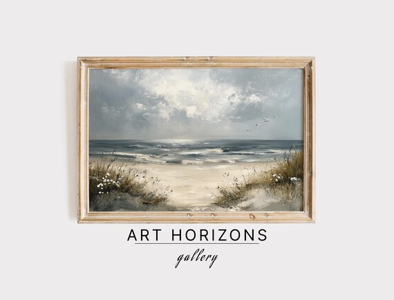 Serene Beach Dunes Seascape With Wildflowers Cloudy Sky Vintage Art Poster