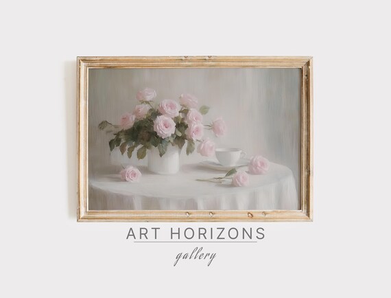 Moody Pink Roses Oil Painting Vintage Print Flower Print Farmhouse Boho Decor Wall Art Pastel Flor Neutral A368