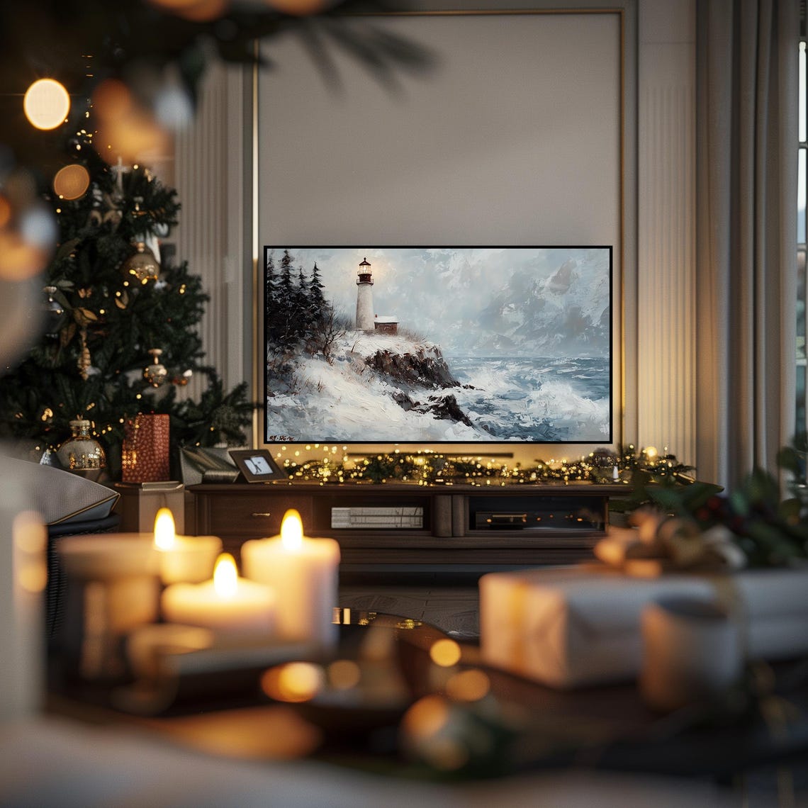 Frame Tv Art Winter Winter Lighthouse Scene Tv Lighthouse Tv Art Snowy Nautical Scene Oil Painting Tv Tv22 - Image 5