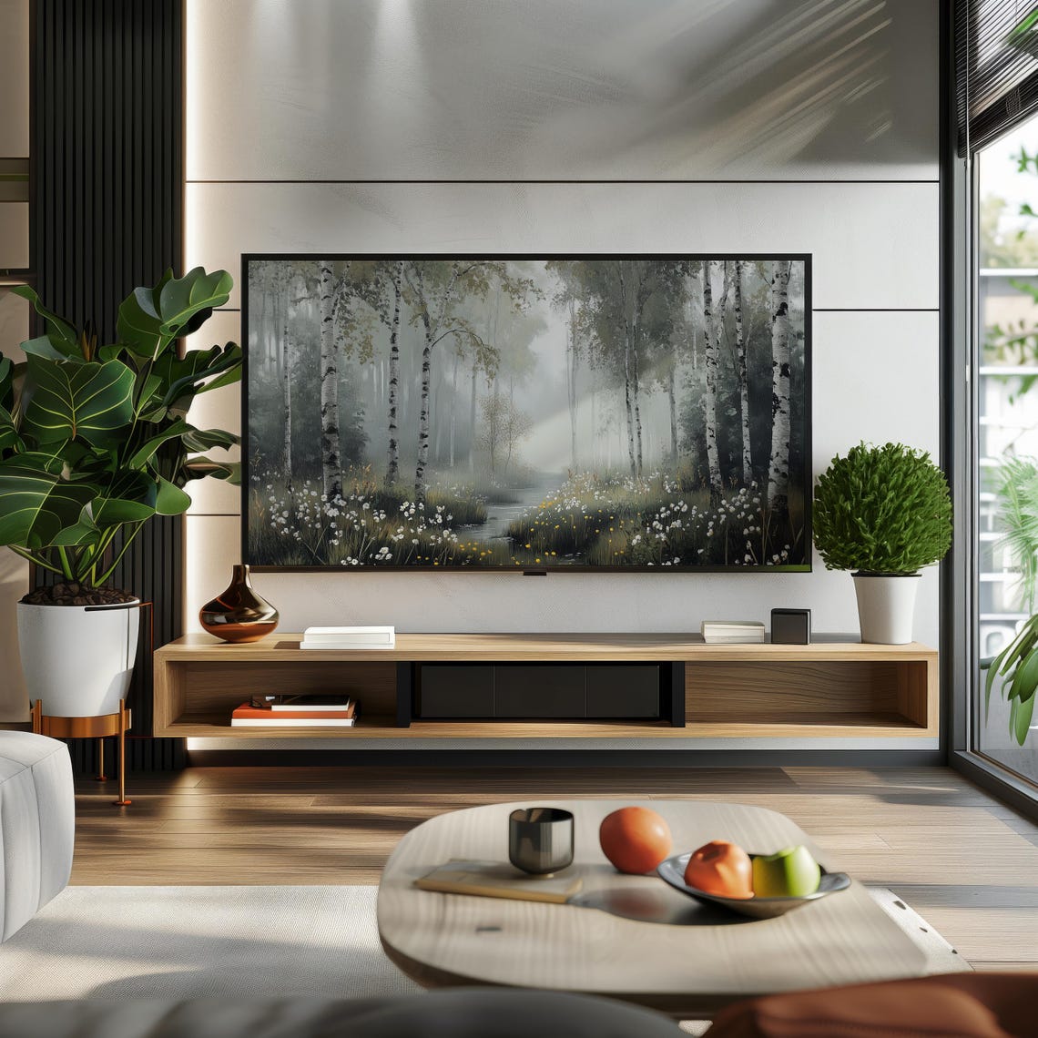 Misty Birch Forest With Wildflower Meadow Premium Frame TV Art Poster - Image 2