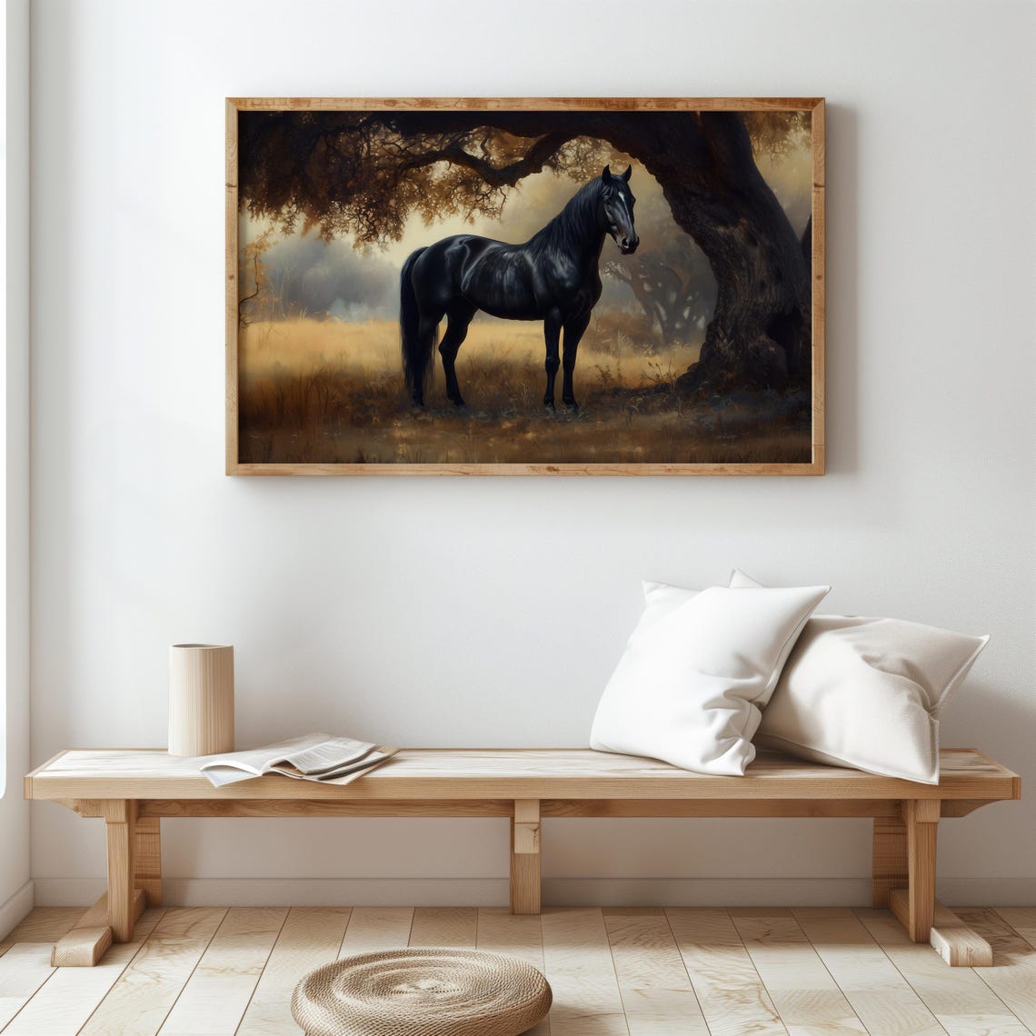 Black Horse Under Grand Oak Tree Golden Field Moody Vintage Art Poster - Image 2