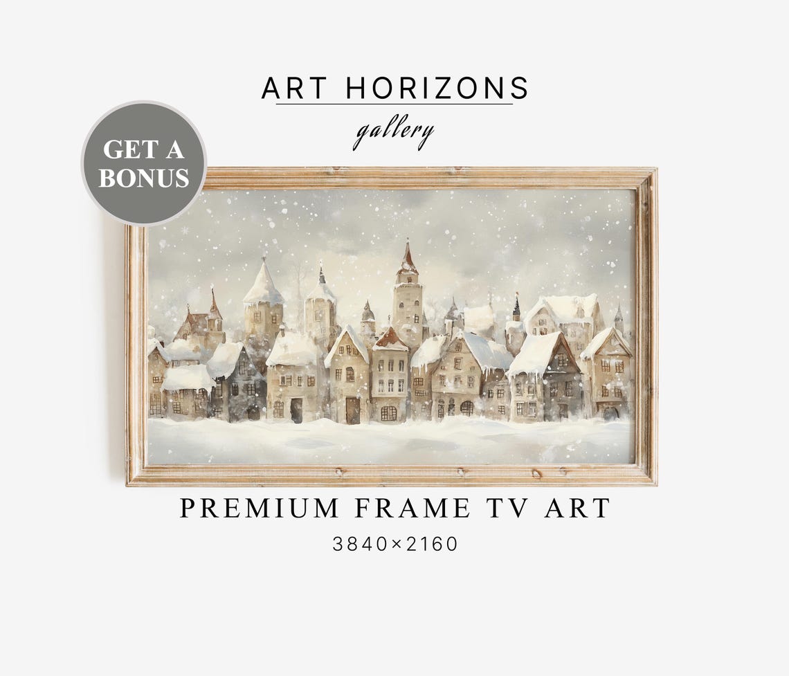 European Old Town Snowy Rooftops Winter Watercolor Frame TV Art Print