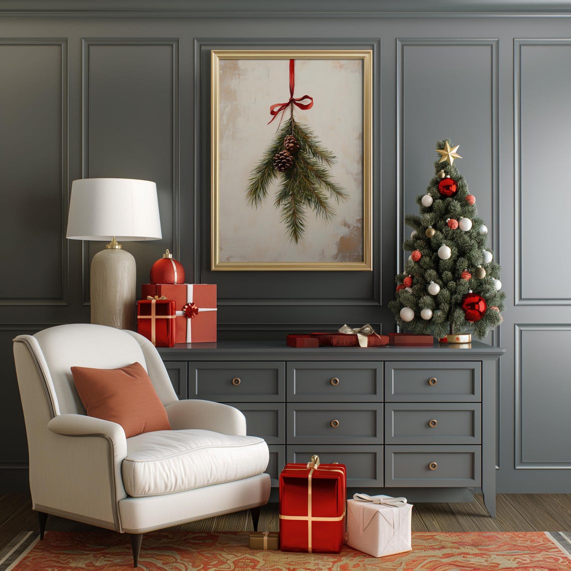 Pine Branch with Pinecones Red Ribbon Minimalist Holiday Art Print - Image 2