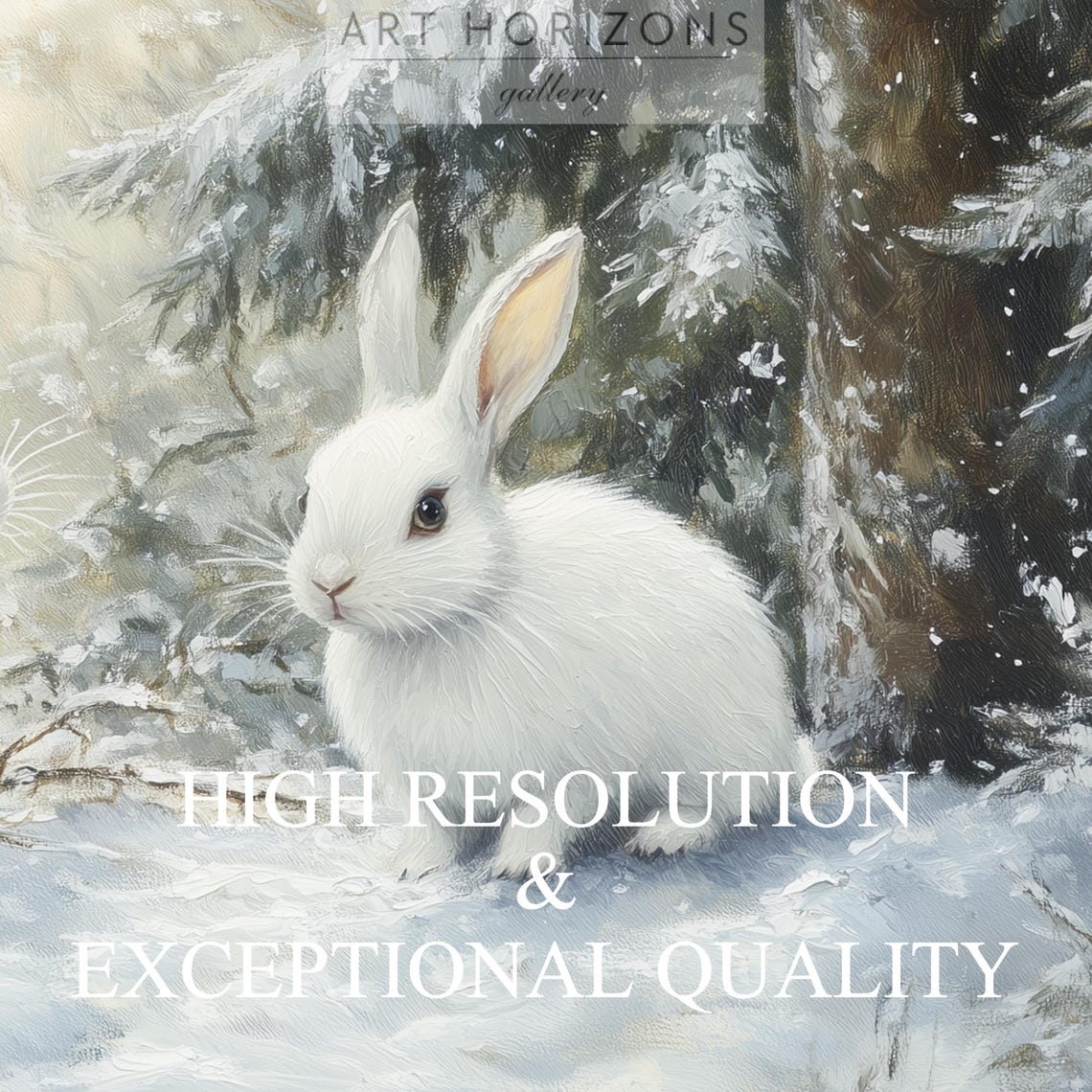 Two White Rabbits Snowy Winter Forest Soft Light Bunny Print - Image 3