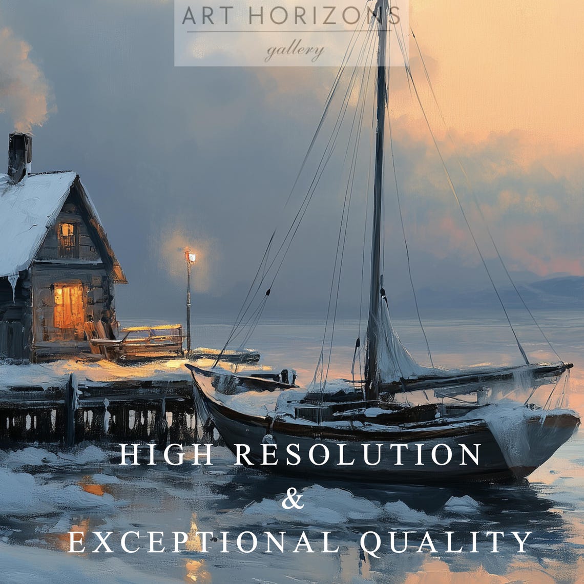 Snowy Winter Landscape Sailboat Print Ice Fishing Art Farmhouse Boat Oil Painting Lake House Coastal Decor Neutral A322 - Image 3