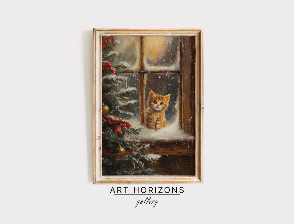 Orange Kitten Snowy Window Christmas Tree Vintage Cozy Wall Art Print