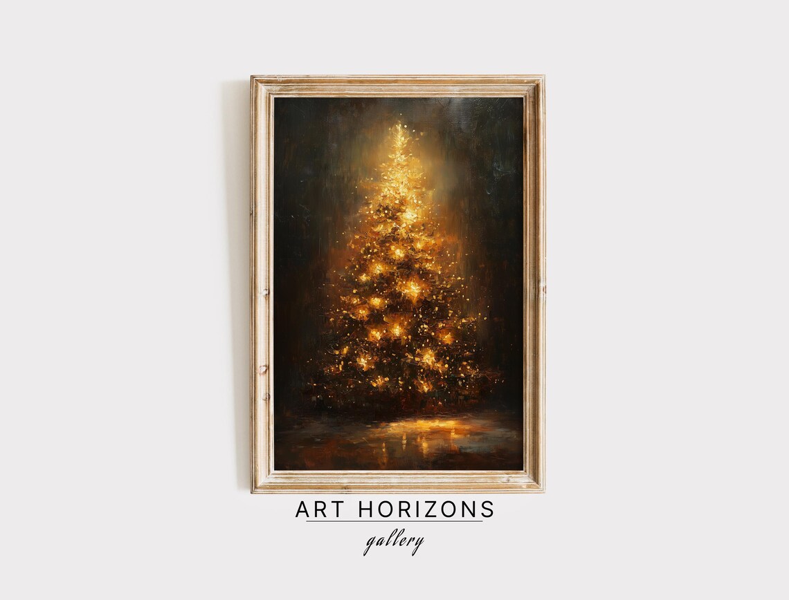 Glowing Golden Christmas Tree Night Sparkling Lights Moody Art Print