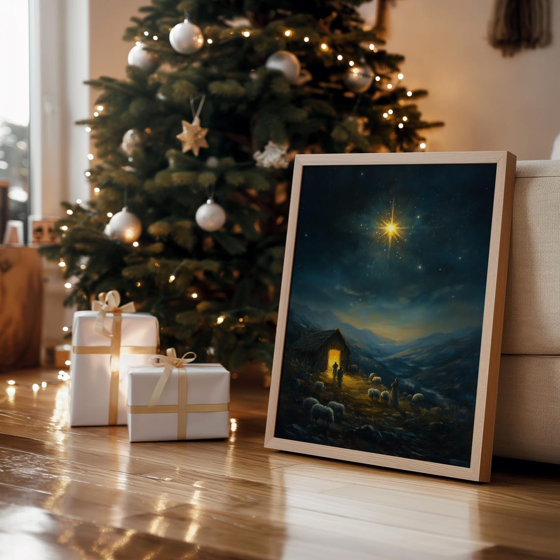Nativity Starry Night Shepherds Sheep Glowing Stable Christmas Print - Image 4