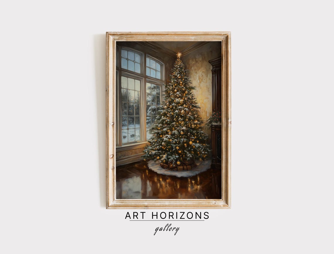 Elegant Christmas Tree Tall Windows Gold Ornaments Interior Print