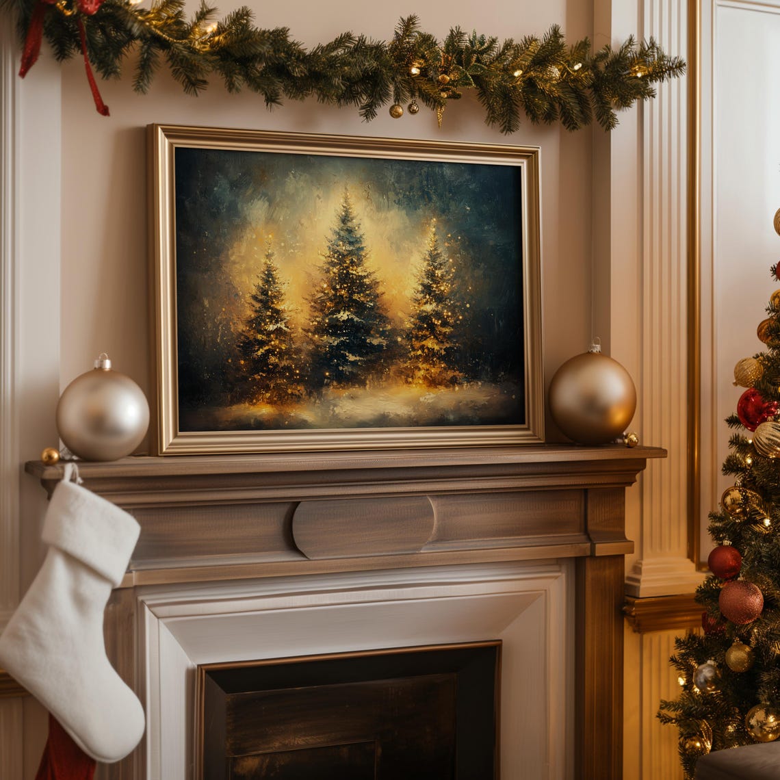 Three Glowing Christmas Trees Against Dark Blue Night Sky Art Print - Image 2