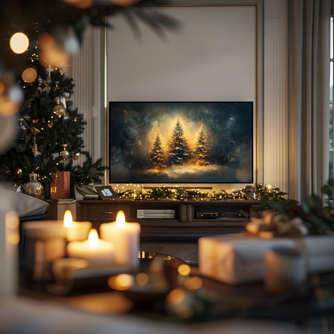 Three Glowing Christmas Trees Dark Moody Night Forest Art Print - Image 3