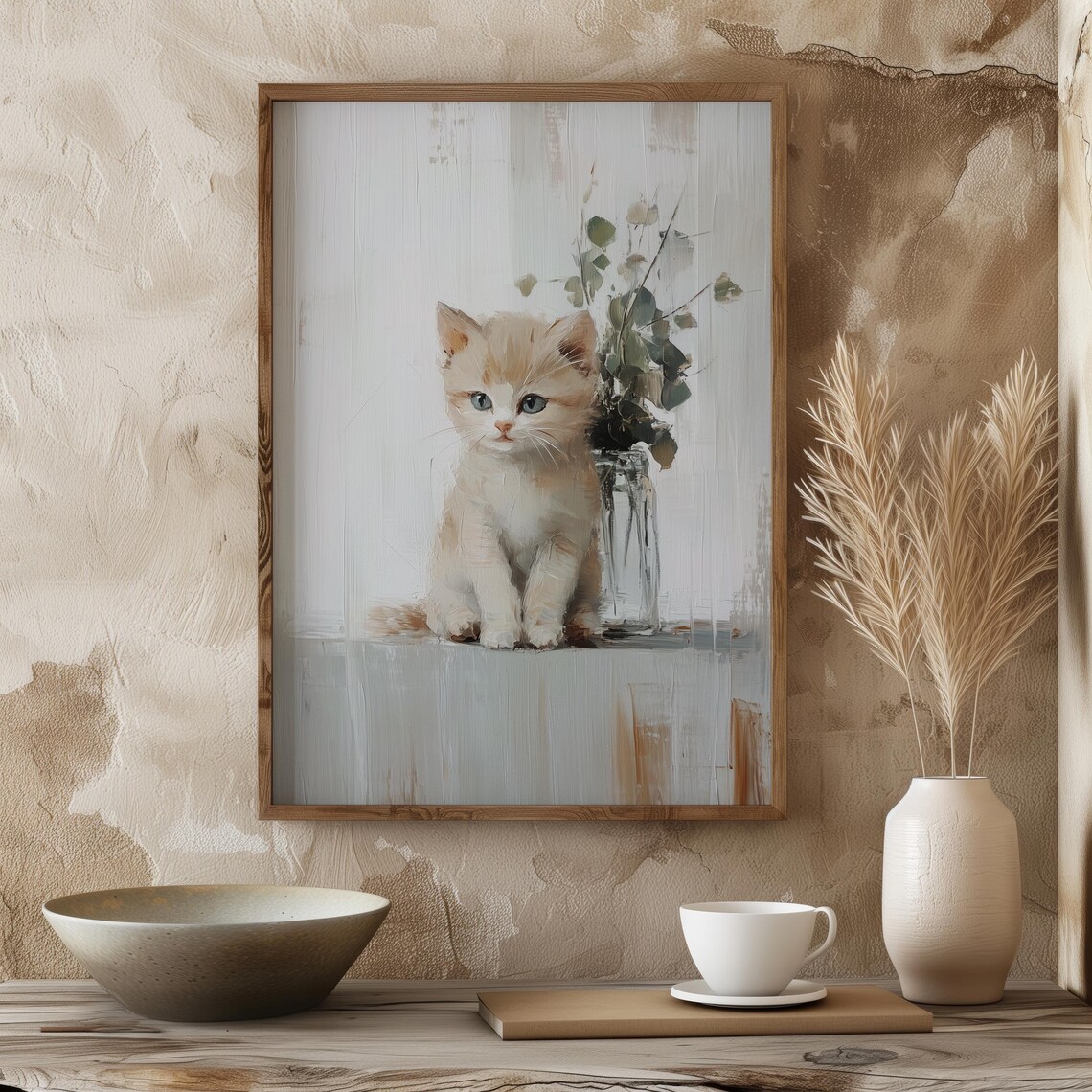 Cream Kitten Sitting With Eucalyptus Sprigs Soft Neutral Nursery Art Poster - Image 4
