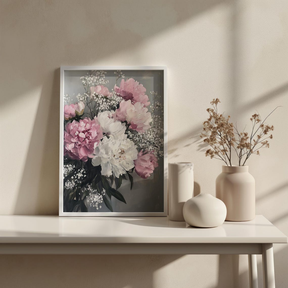 Pink And White Peonies With Baby Breath Lush Floral Bouquet Poster - Image 4
