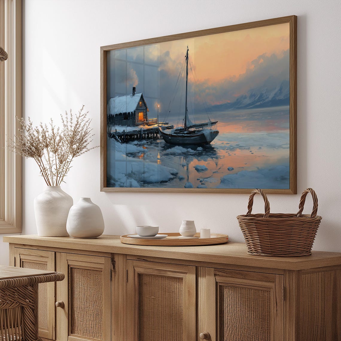 Snowy Winter Landscape Sailboat Print Ice Fishing Art Farmhouse Boat Oil Painting Lake House Coastal Decor Neutral A322 - Image 2
