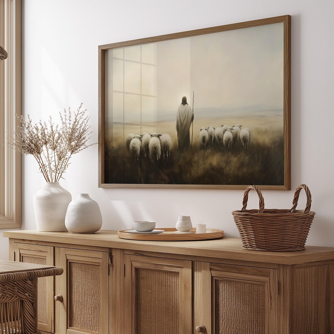 Jesus the Good Shepherd Sheep Misty Field Minimalist Christian Faith Poster - Image 2