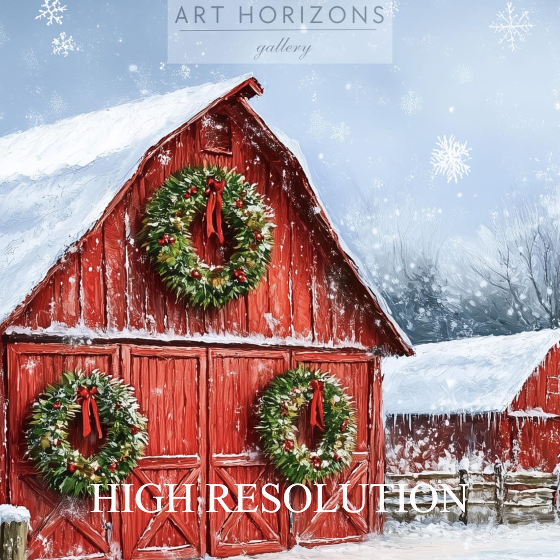 Red Barn with Christmas Wreaths in Falling Snow Farm Travel Poster - Image 4