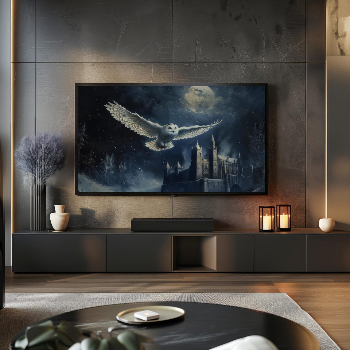 White Owl Flying Moonlit Castle Night Sky Magical Frame TV Art Print - Image 2