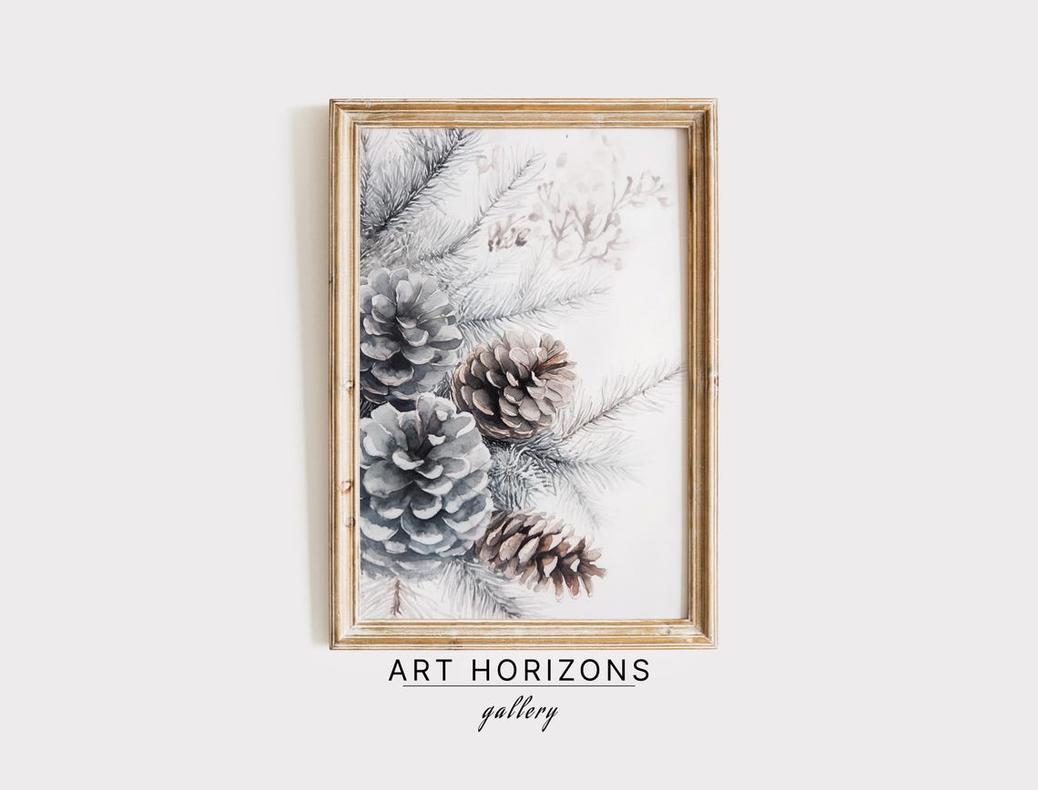 Snowy Pine Cones Evergreen Branches Blue Gray Watercolor Print