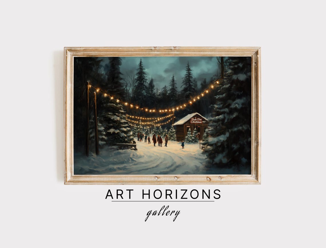 Christmas Tree Farm Night String Lights Snowy Pines Vintage Print