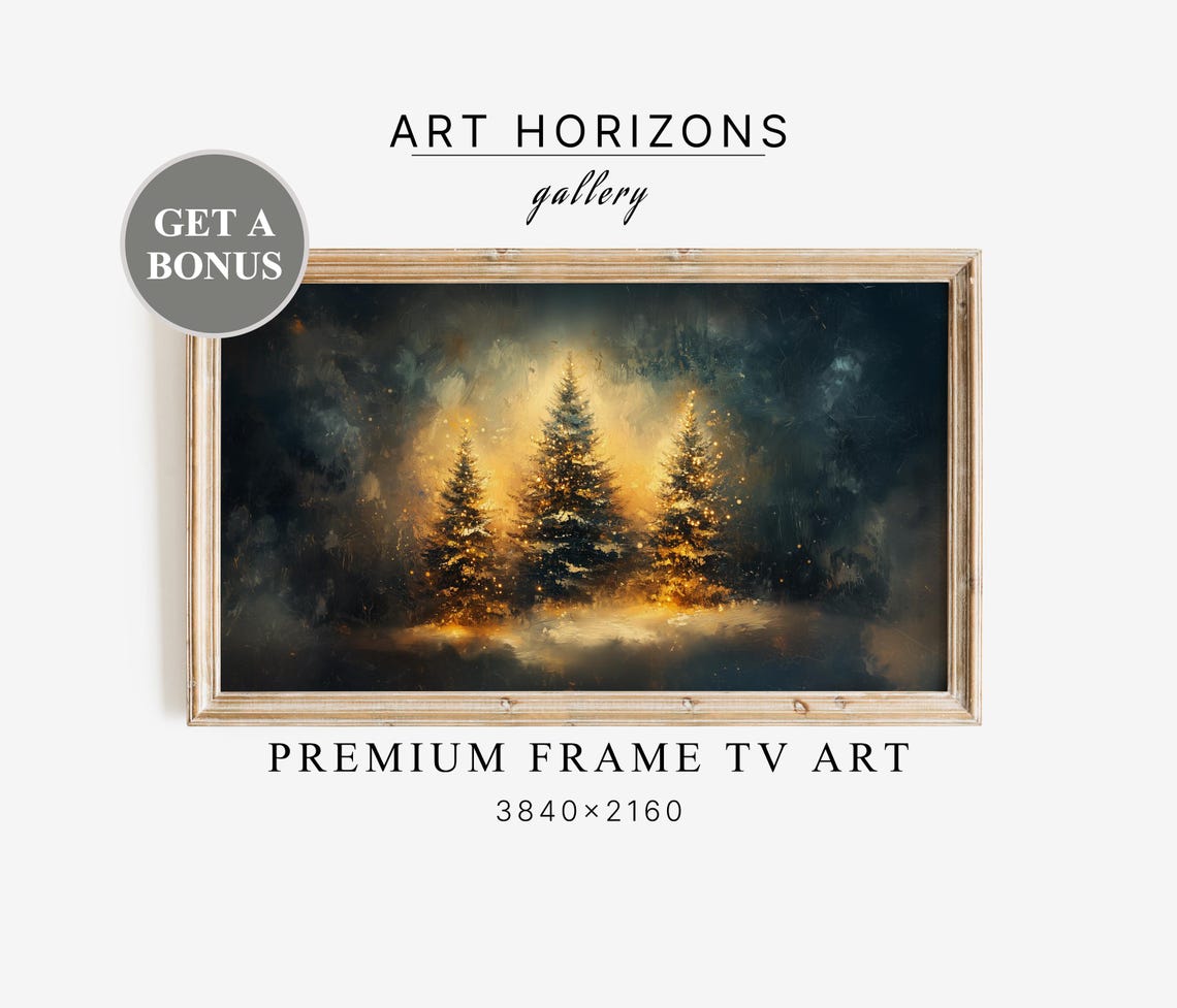 Three Glowing Christmas Trees Dark Moody Night Forest Art Print