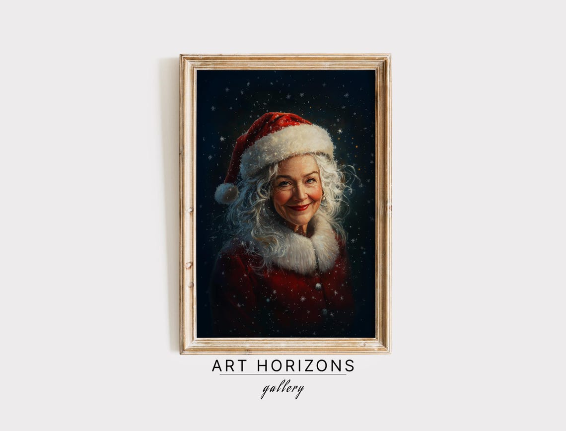 Mrs Claus Portrait Red Hat Smiling Snowy Night Christmas Print