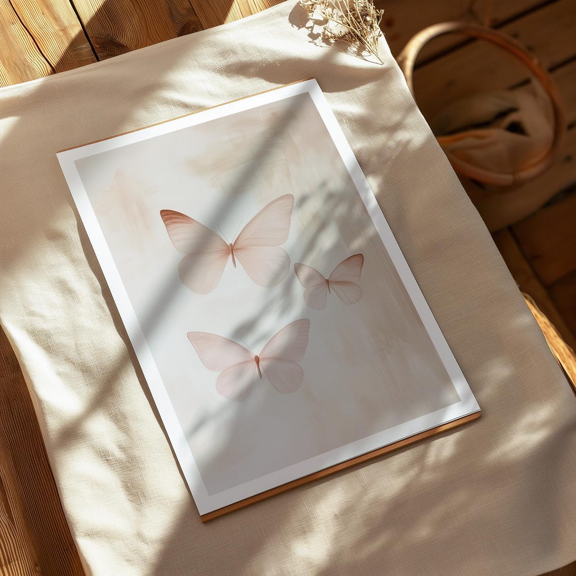 Three Blush Butterflies On Cream Abstract Background Art Poster - Image 2