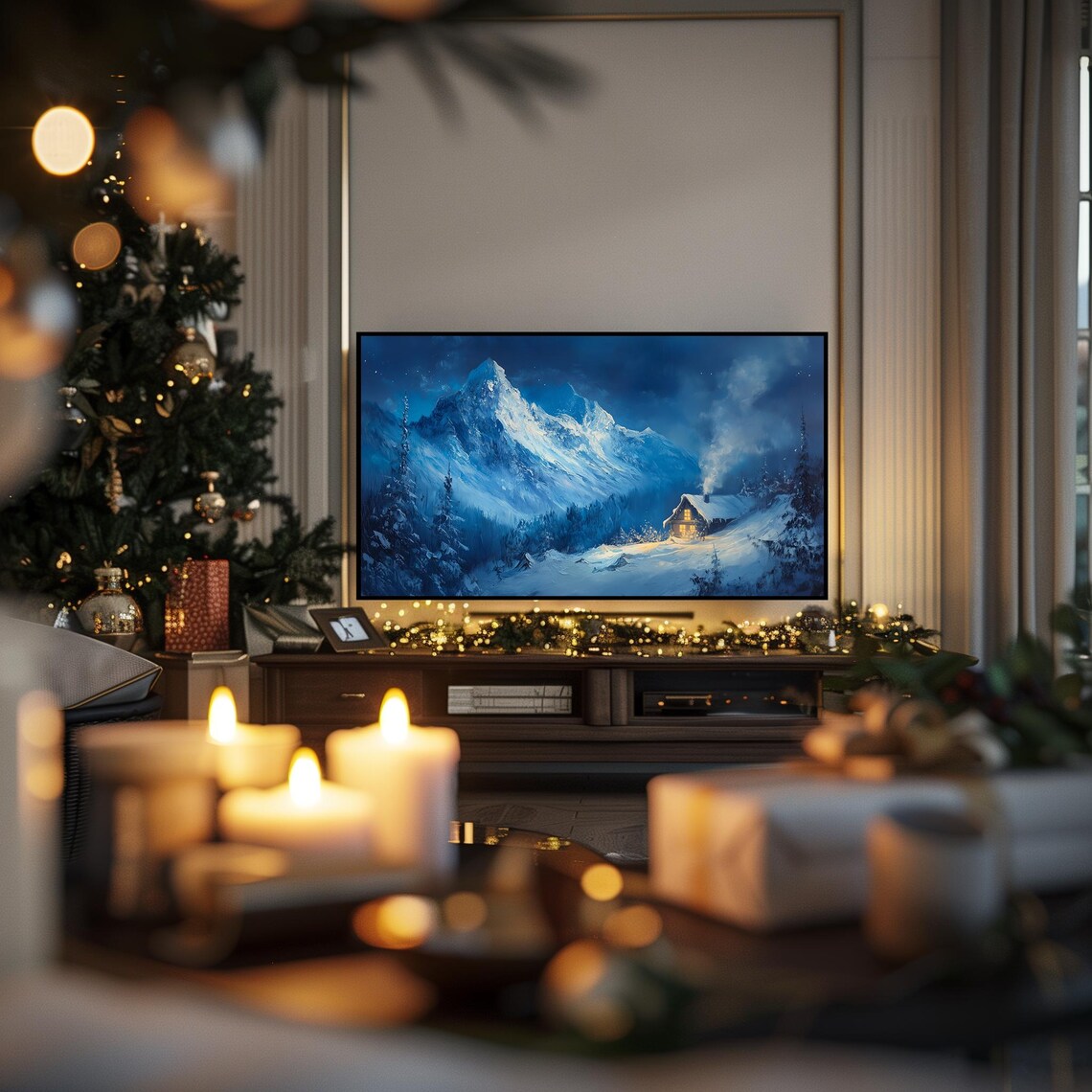 Frame Tv Cabin House In Mountains Christmas Frame Tv Art Christmas Cute Candy Cabin Oil Painting Christmas Holiday Decor Tv17 - Image 3