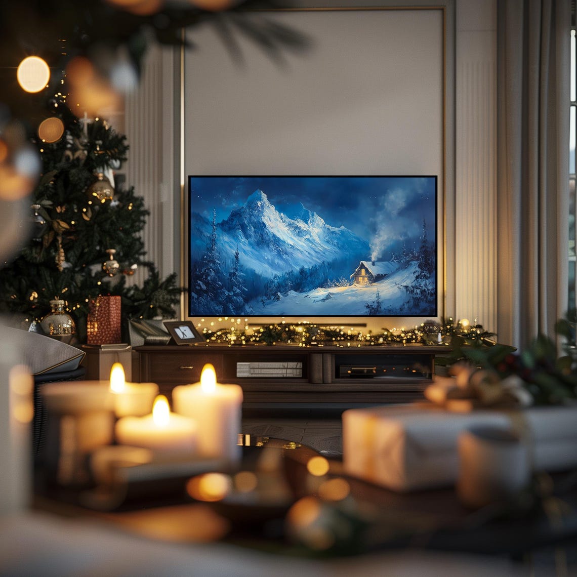 Snowy Mountain Cabin Glowing Windows Starry Night Winter Poster - Image 3