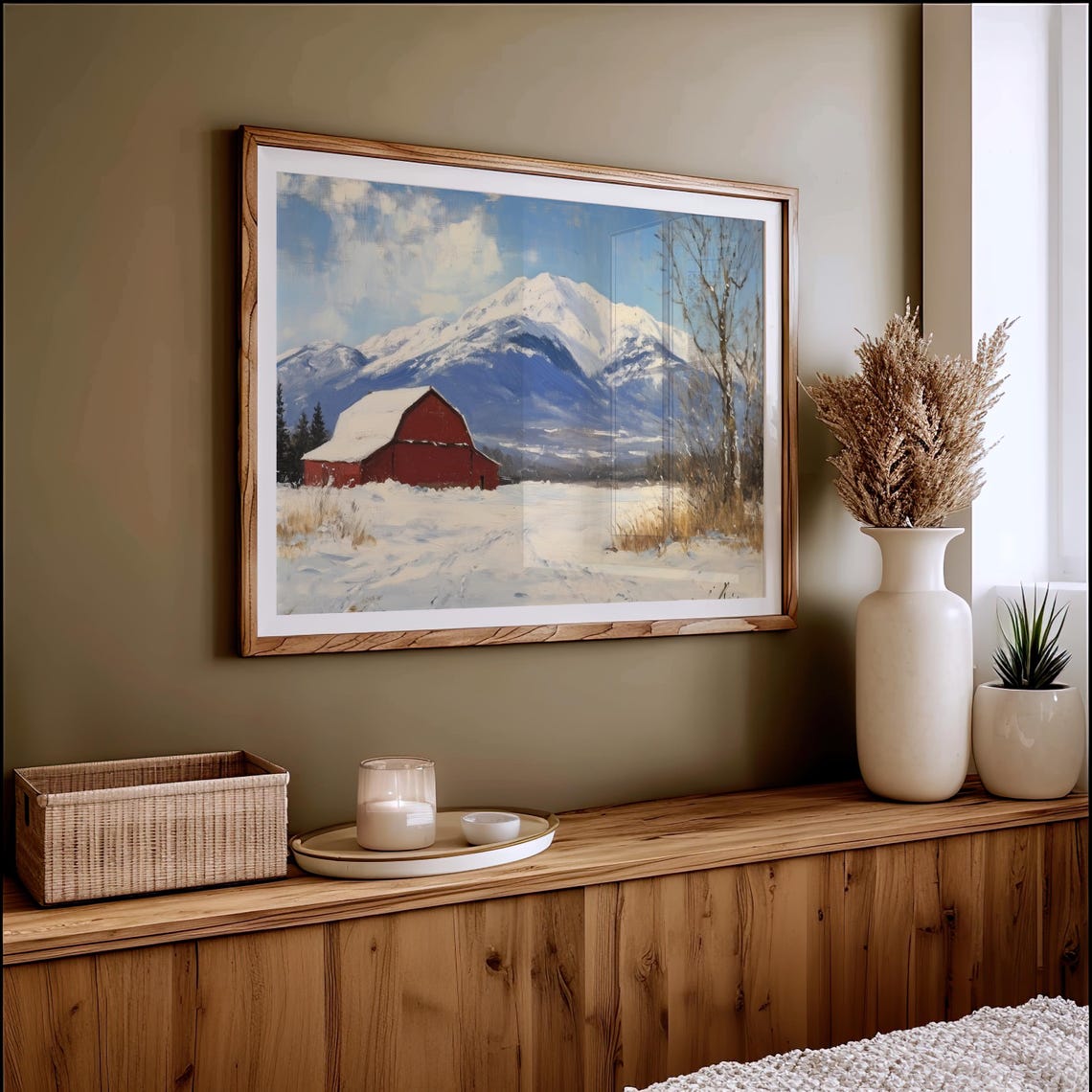 Red Barn In Snowy Field Before Snow Capped Mountains Blue Sky Poster - Image 4