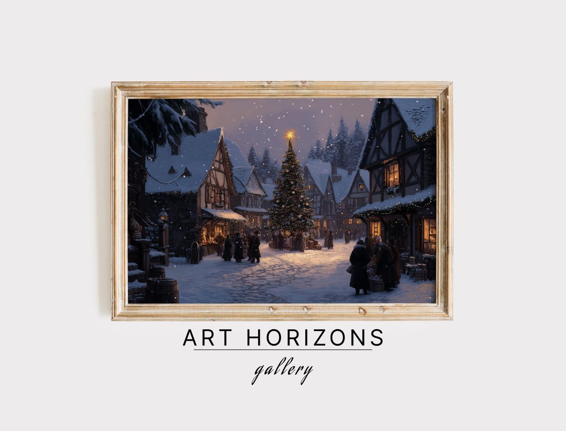 Tudor Village Square Christmas Tree Twilight Snow Travel Poster