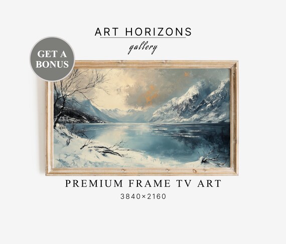 Mountain Lake Landscape Frame Lg Tv Art Vintage Oil Painting Rustic North Scenery Farmhouse Home Decor Art Tv83