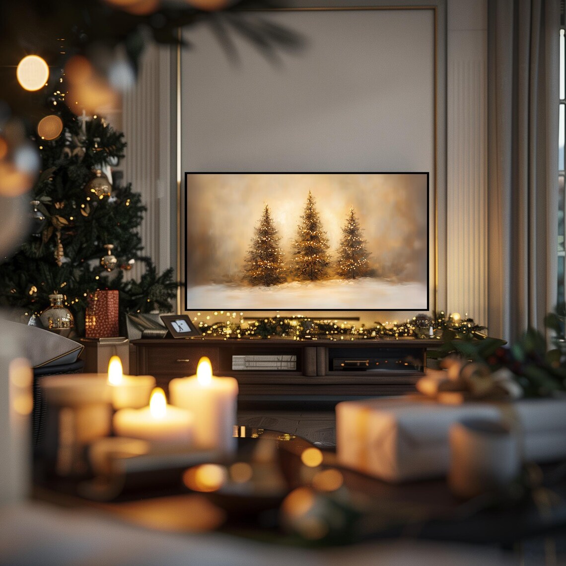 Three Glowing Christmas Trees Snowy Golden Field TV Art Poster - Image 3