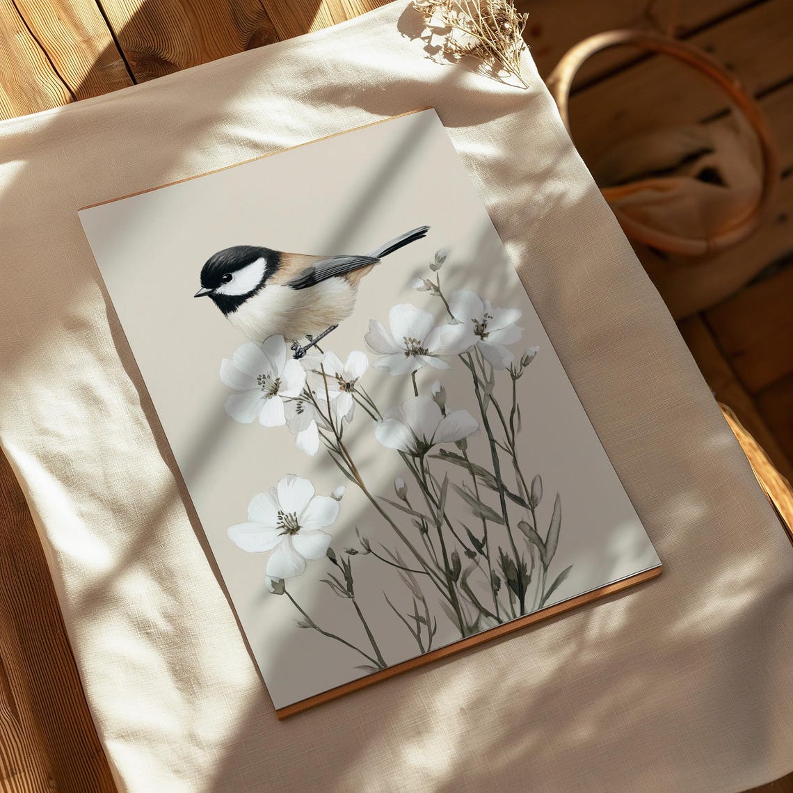 Chickadee Bird White Blossoms Neutral Vintage Botanical Print Poster - Image 3