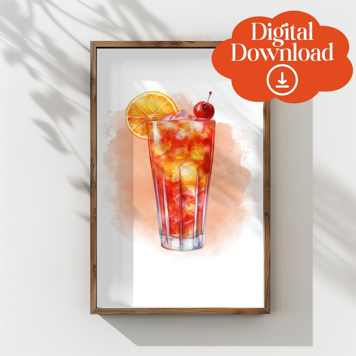 Summer Cocktail Watercolor Cherry Orange Kitchen Bar Wall Poster