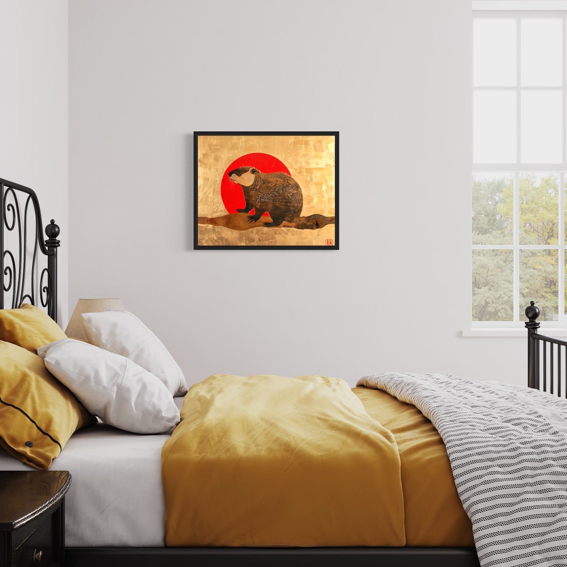 Beaver Perched on Log Against Red Sun Asian Art Style Poster - Image 3