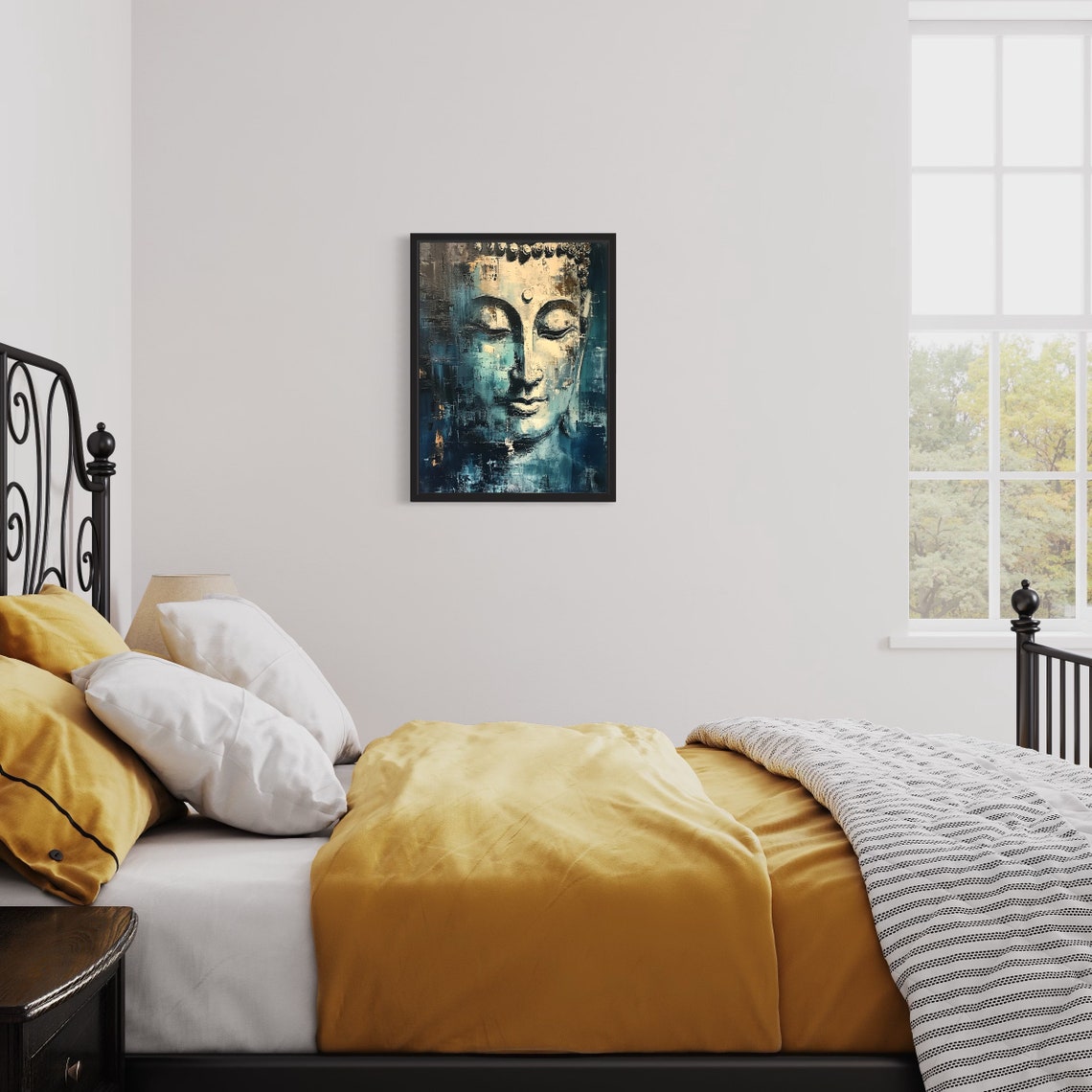Weathered Buddha Face in Blue-Grey Textured Abstract Art Poster - Image 3
