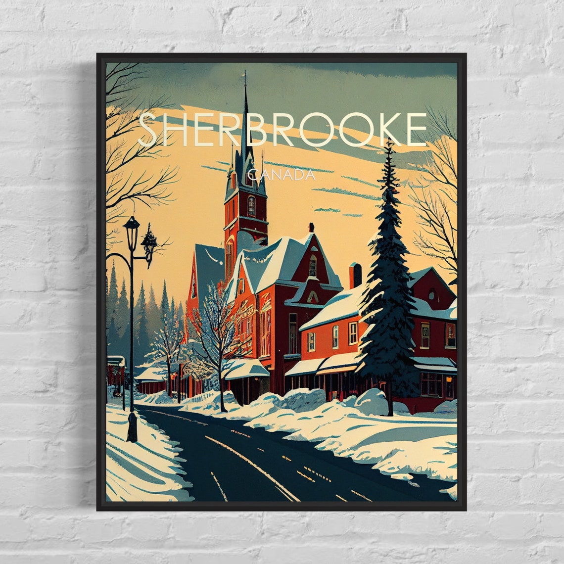 Sherbrooke Canada Snowy Winter Street With Glowing Church Poster