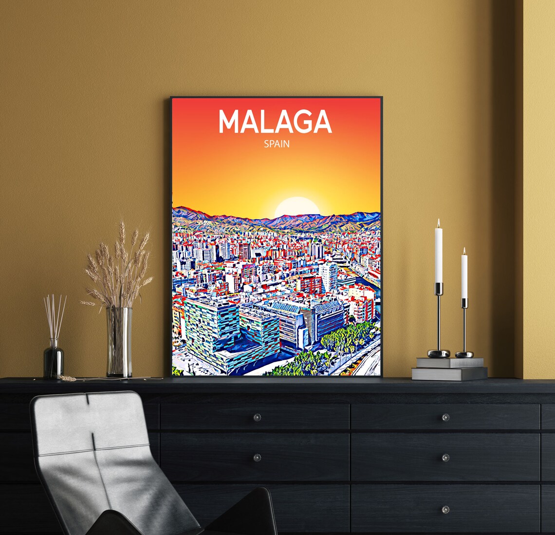 Malaga Spain Fiery Orange Sunset Aerial City Mountains Art Poster - Image 2