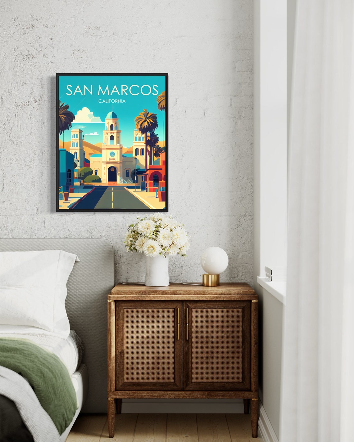 San Marcos California Mission Tower Palm Street Vintage Poster - Image 3