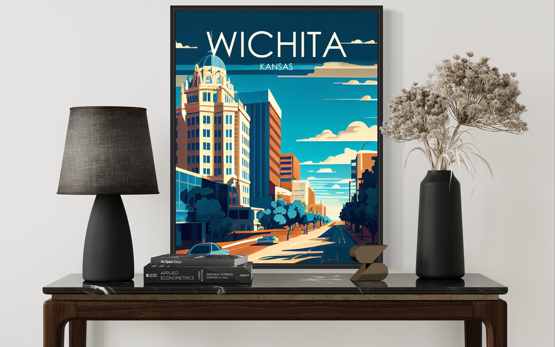 Wichita Kansas Vintage Downtown Skyline Night Retro Travel Poster - Image 3