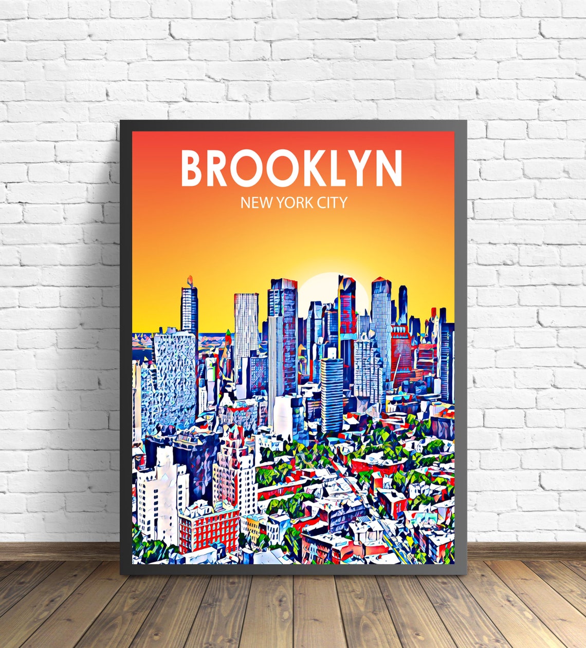 Brooklyn New York City Sunset Manhattan Skyline Fiery Poster