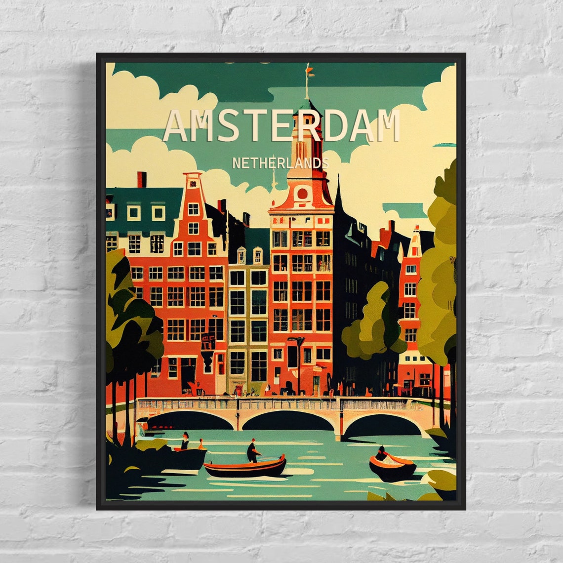 Amsterdam Netherlands Canal Bridge Wooden Boats Vintage Poster