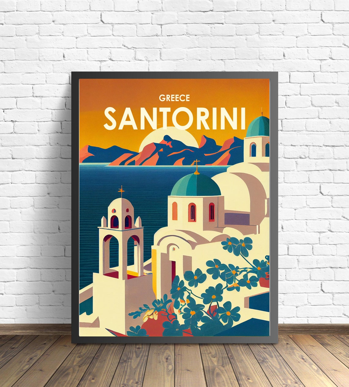 Santorini Greece Sunset Blue Domes Churches Aegean Sea Travel Poster