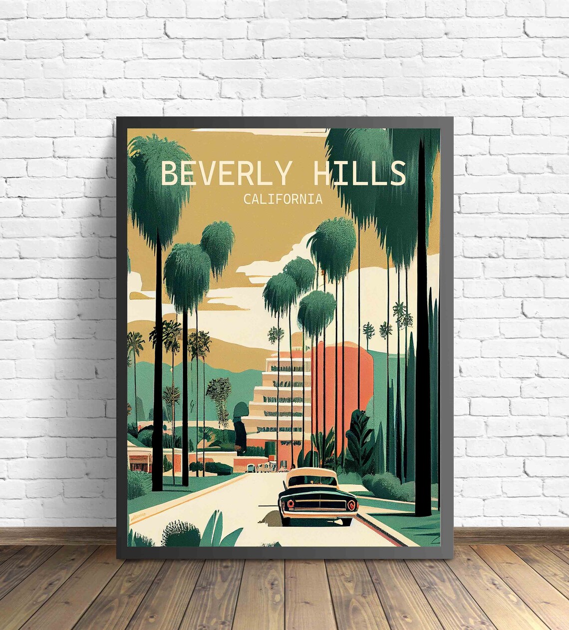 Beverly Hills California Retro Palm Street Classic Car Poster