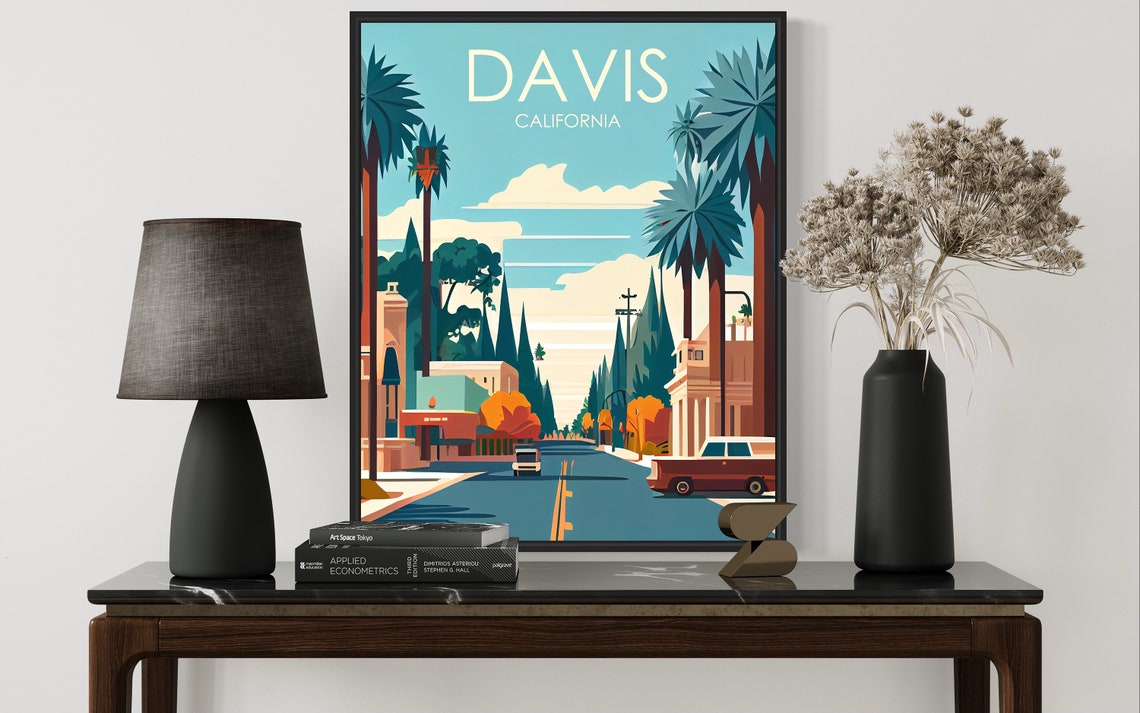 Davis California Palm Lined Downtown Street Retro Travel Poster - Image 3