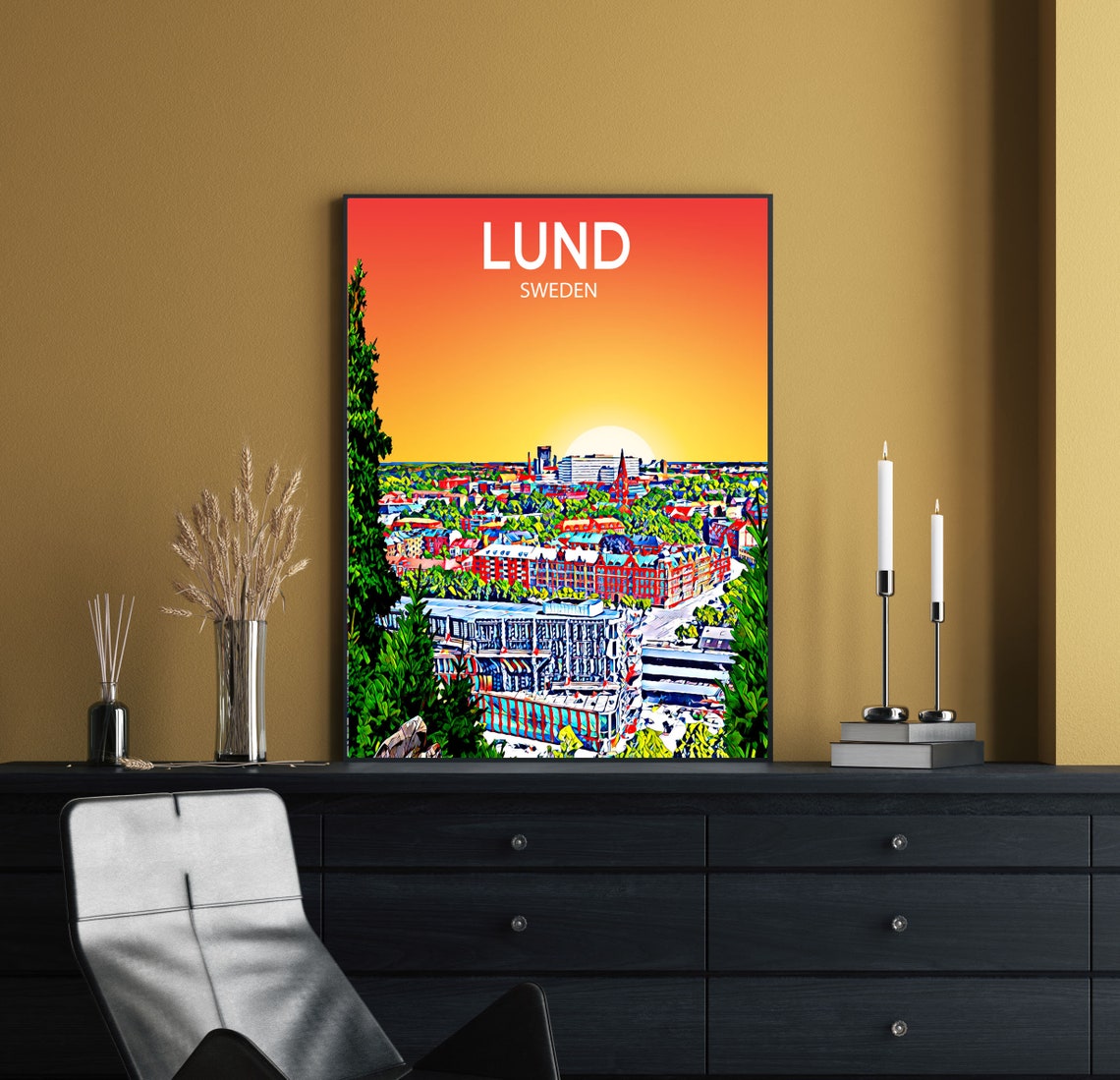 Lund Sweden Sunset City Panorama Colorful Skyline Art View Poster - Image 2