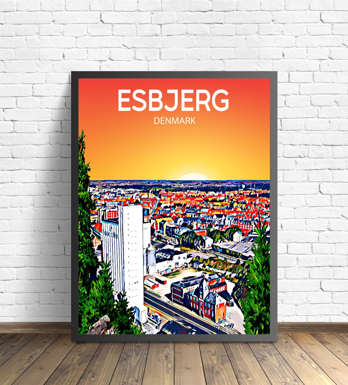 Esbjerg Denmark Sunset Aerial Cityscape Vivid Color Art Poster