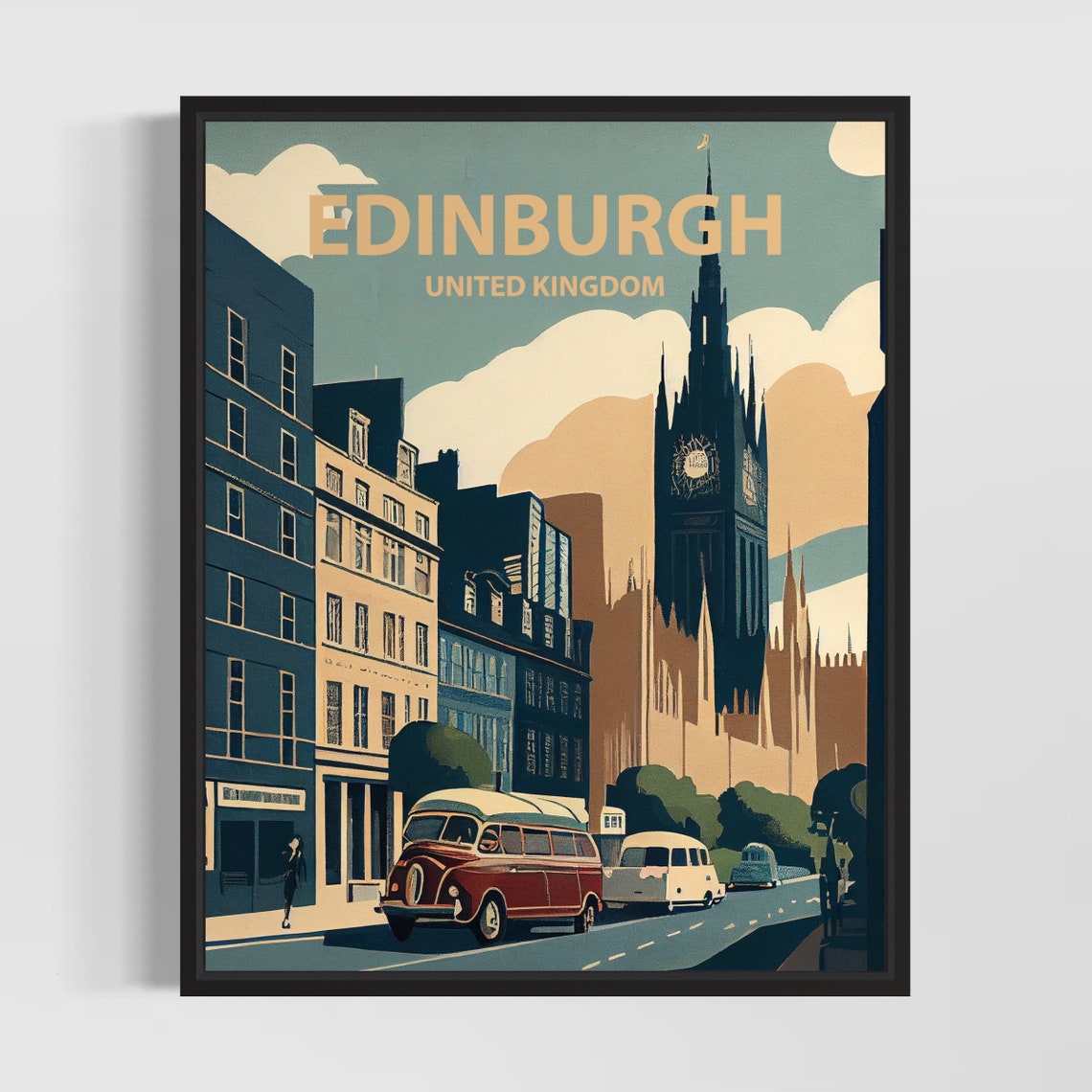 Edinburgh Scotland Retro Street Buses Old Town Vintage Travel Poster